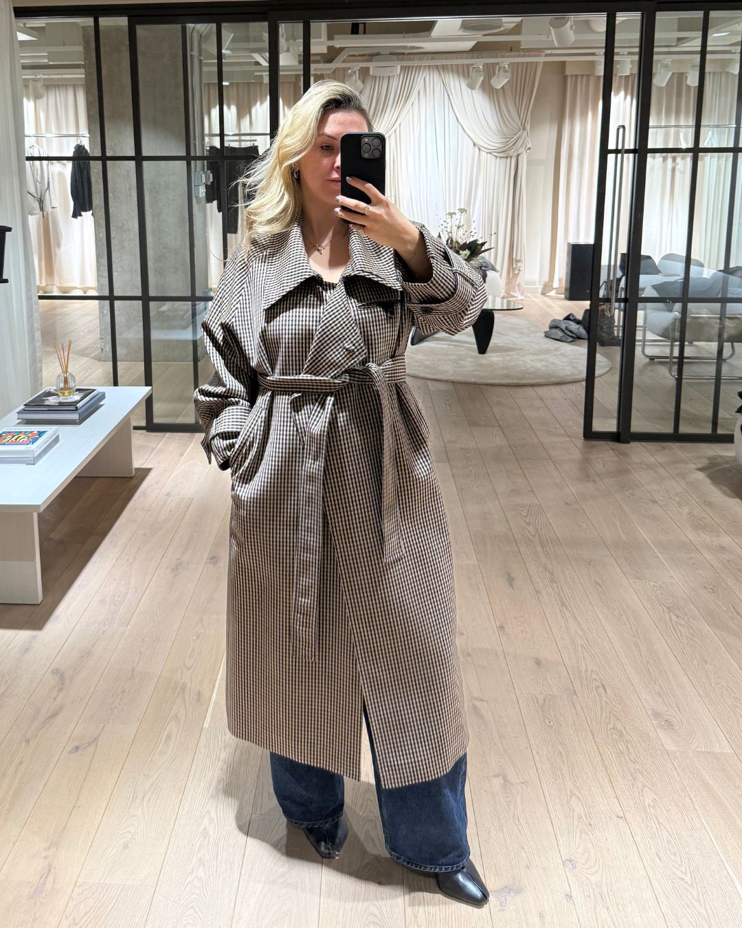 clementina jackson tries on a spring jacket from the new H&amp;amp;M studio collection