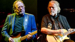LEFT: Stephen Stills and (cropped out) Graham Nash of Crosby Stills and Nash perform at Eventim Apollo on September 12, 2015 in London, England. RIGHT: Randy Bachman, co founder of the classic rock band's Guess Who and Bachman-Turner Overdrive, performs onstage at The Canyon Club on July 22, 2018 in Santa Clarita, California. 