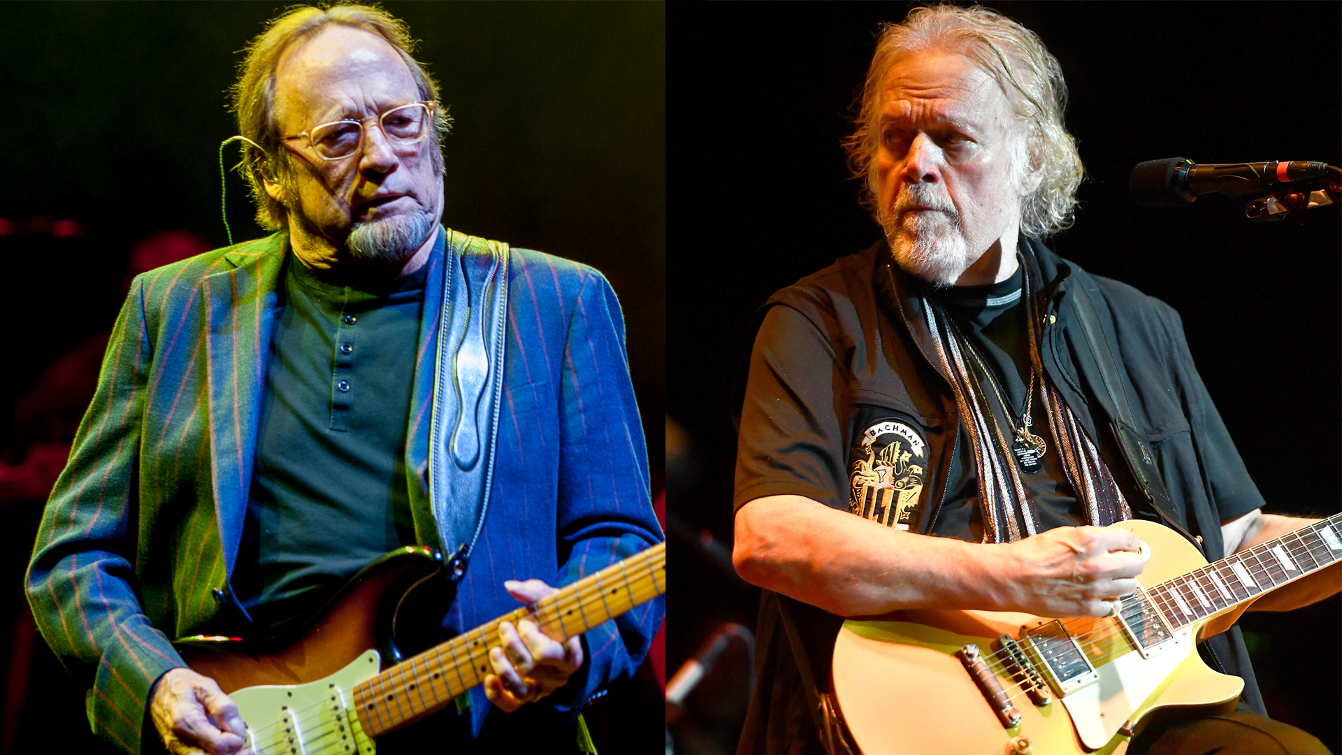 LEFT: Stephen Stills and (cropped out) Graham Nash of Crosby Stills and Nash perform at Eventim Apollo on September 12, 2015 in London, England. RIGHT: Randy Bachman, co founder of the classic rock band's Guess Who and Bachman-Turner Overdrive, performs onstage at The Canyon Club on July 22, 2018 in Santa Clarita, California.