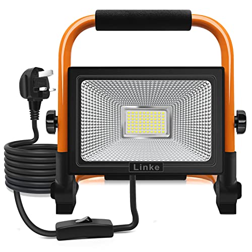 Linke 60w Led Work Light 5200lm Job Site Portable Plug-In Floodlight Super Bright Construction Lights Ip66 Waterproof Outdoor Mains Powered 6500k Cold White for Workshop Garage Garden