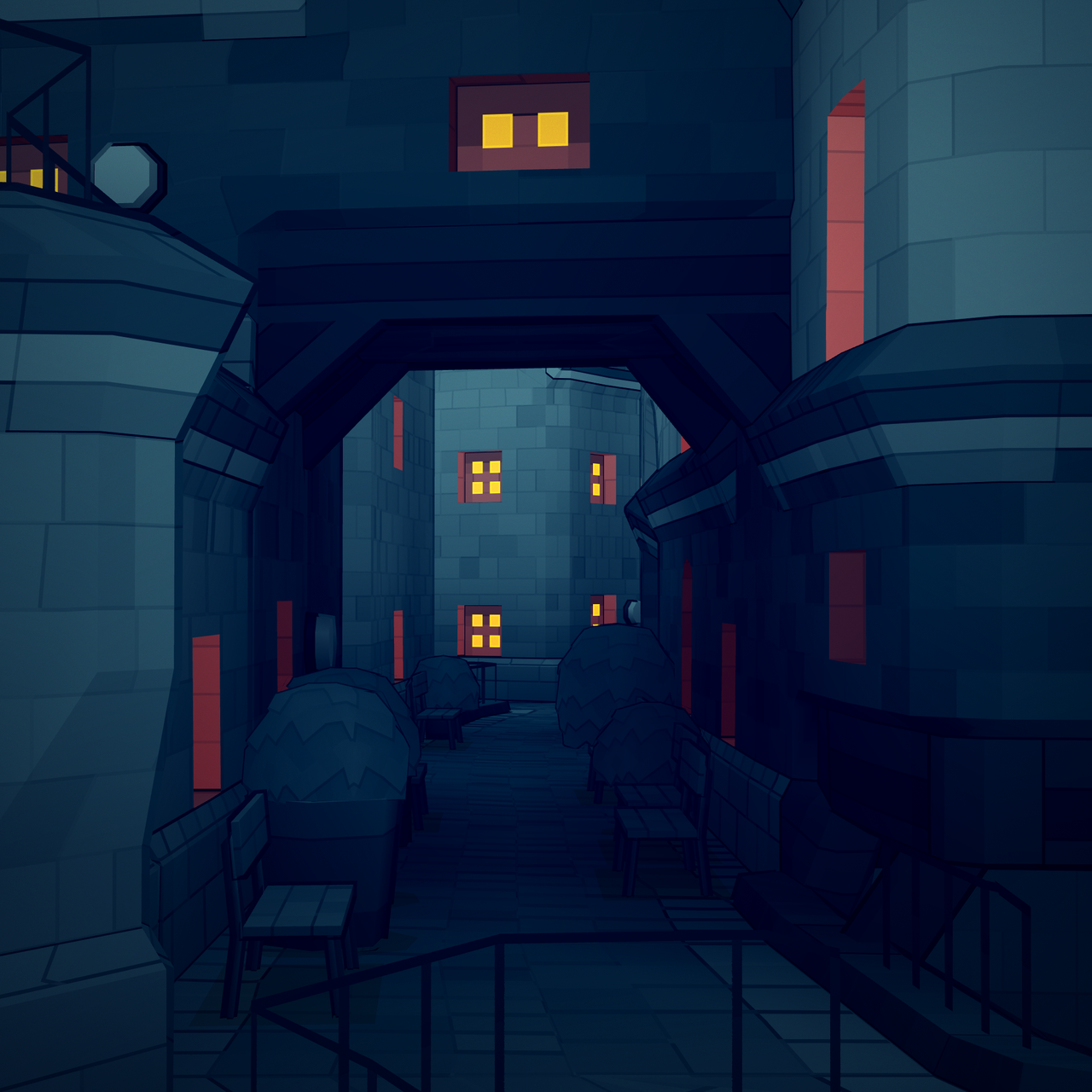 Townscaper town at night