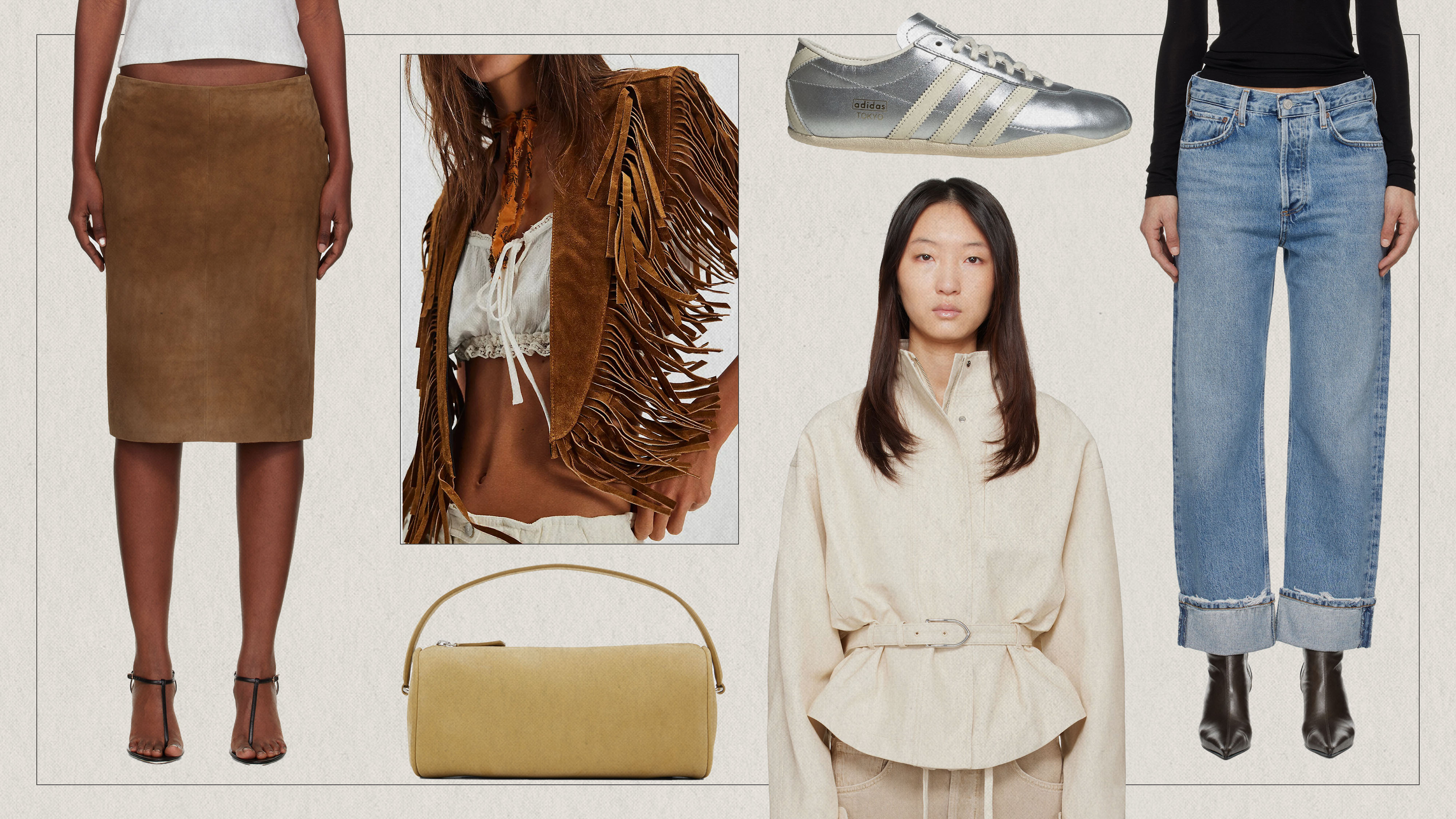 Collage of suede skirt, fringe jacket, beige bag, metallic adidas sneakers, white zip up jacket, and cuffed jeans