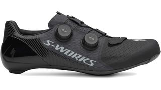 A black Specialized S-works 7 shoe on a white background