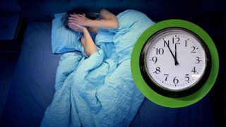 A woman lying in bed with her hands over her eyes and an image of a clock showing the time of 11.55pm