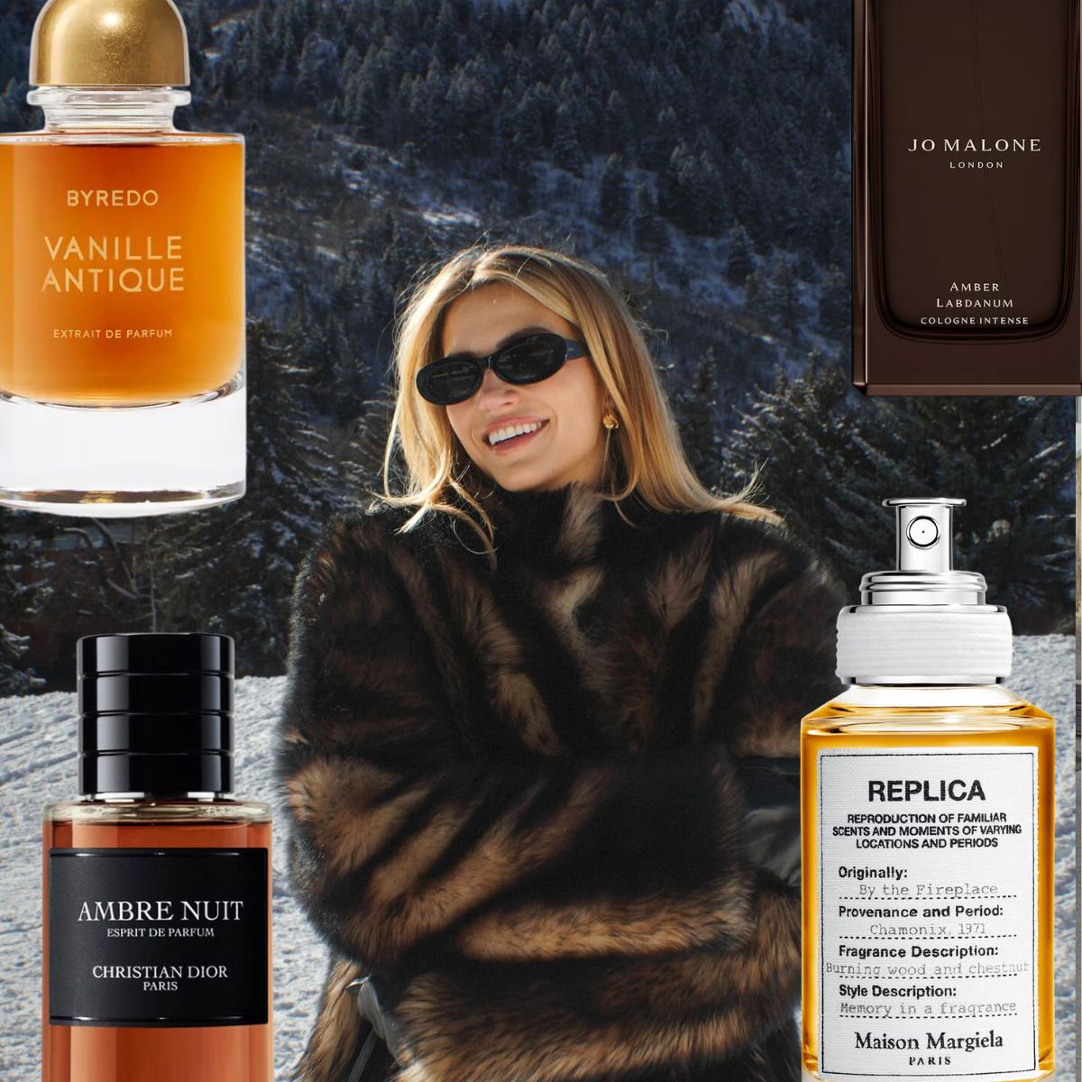 @cassdimicco in a furry coat and sunglasses in the mountains and perfumes layered around her