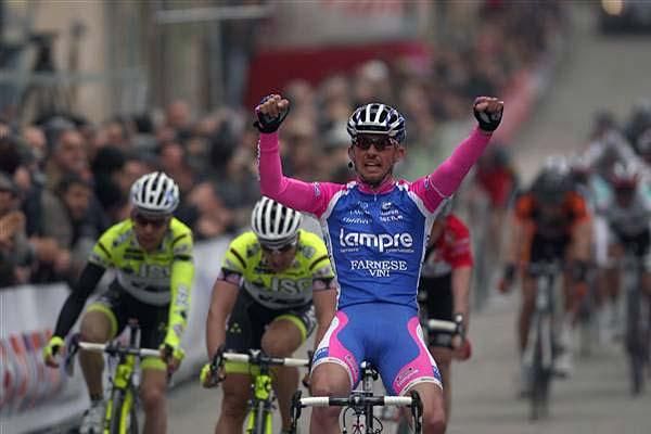 Stage one winner Francesco Gavazzi (Lampre &ndash; Farnese Vini) celebrates.
