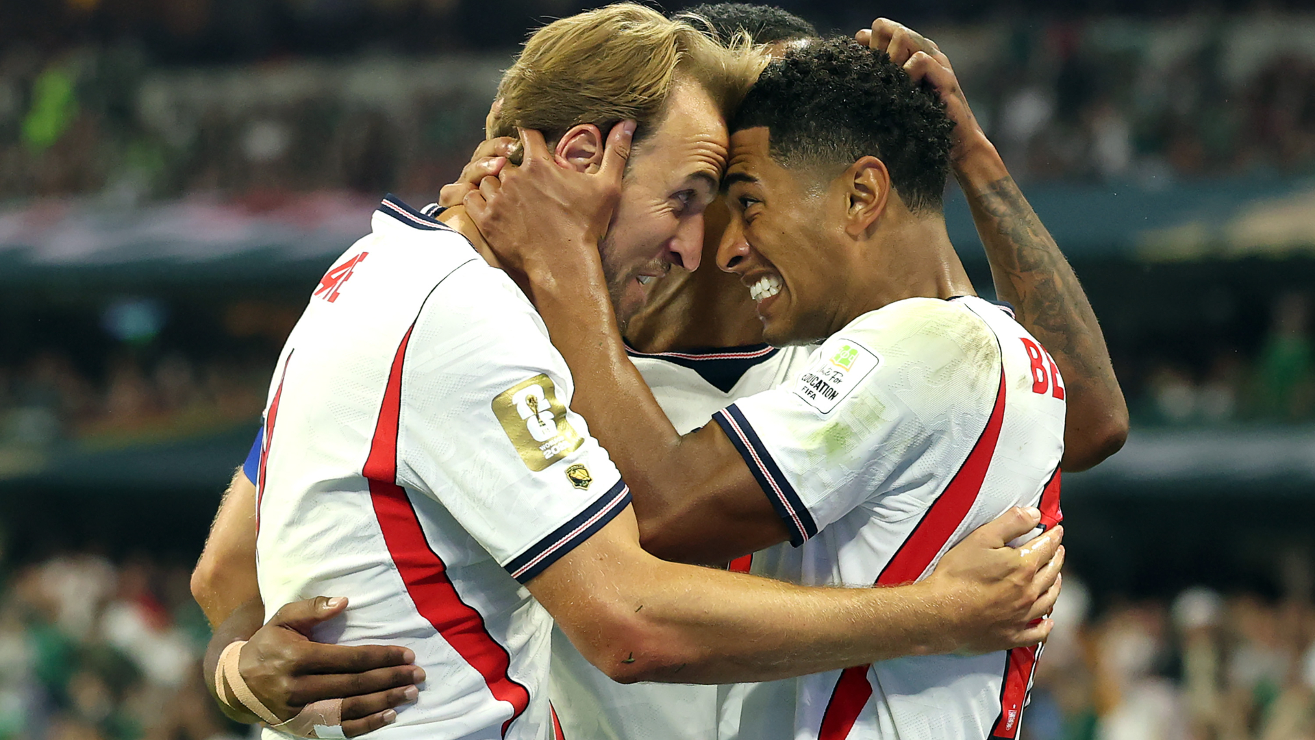 Jude Bellingham #10 of England celebrates scoring his team's second goal with Harry Kane #9 during the FIFA World Cup 2026 Round of 16 match between Mexico and England