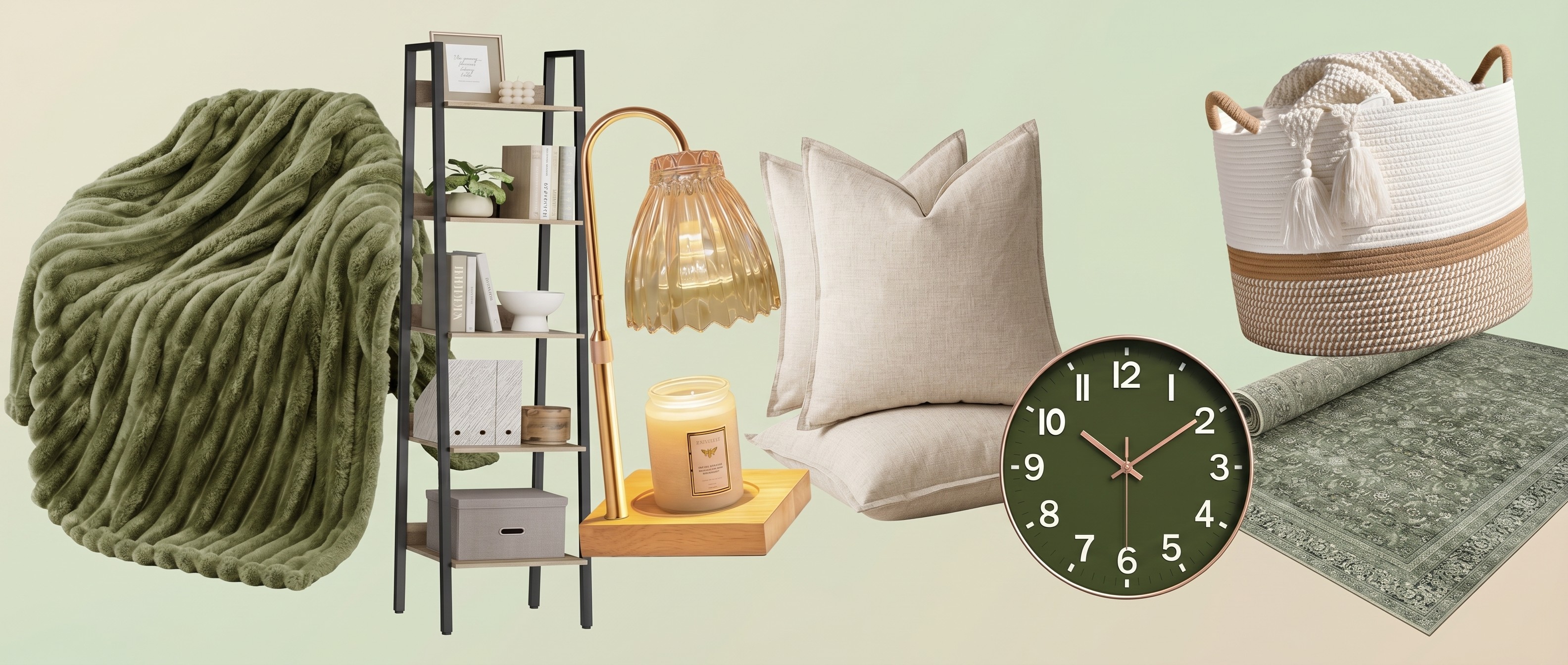 Home decor items on green and beige gradient background 