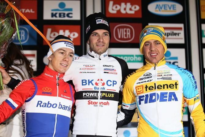 Elite men's podium at Superprestige Gieten (L-R): Lars van der Haar, 2nd; Niels Albert, 1st; Tom Meeusen, 3rd