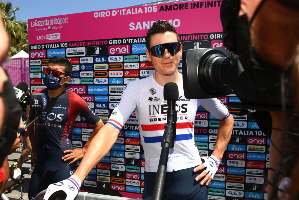 CUNEO ITALY MAY 20 LR Richard Carapaz of Ecuador and Ben Swift of United Kingdom and Team INEOS Grenadiers speak to the media press prior to the 105th Giro dItalia 2022 Stage 13 a 150km stage from Sanremo to Cuneo 547m Giro WorldTour on May 20 2022 in Cuneo Italy Photo by Tim de WaeleGetty Images