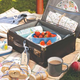 A picnic with a suitcase of food, strawberries and tea