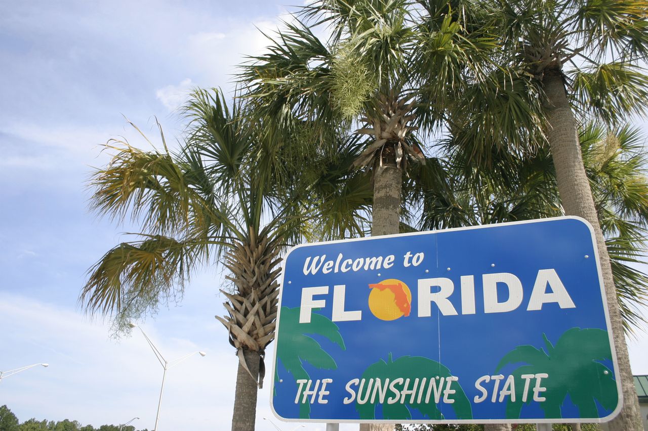 Welcome to Florida sign with palm trees behind it