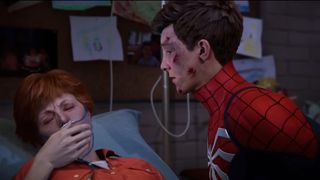 Peter Parker stands over his aunt in a hospital bed