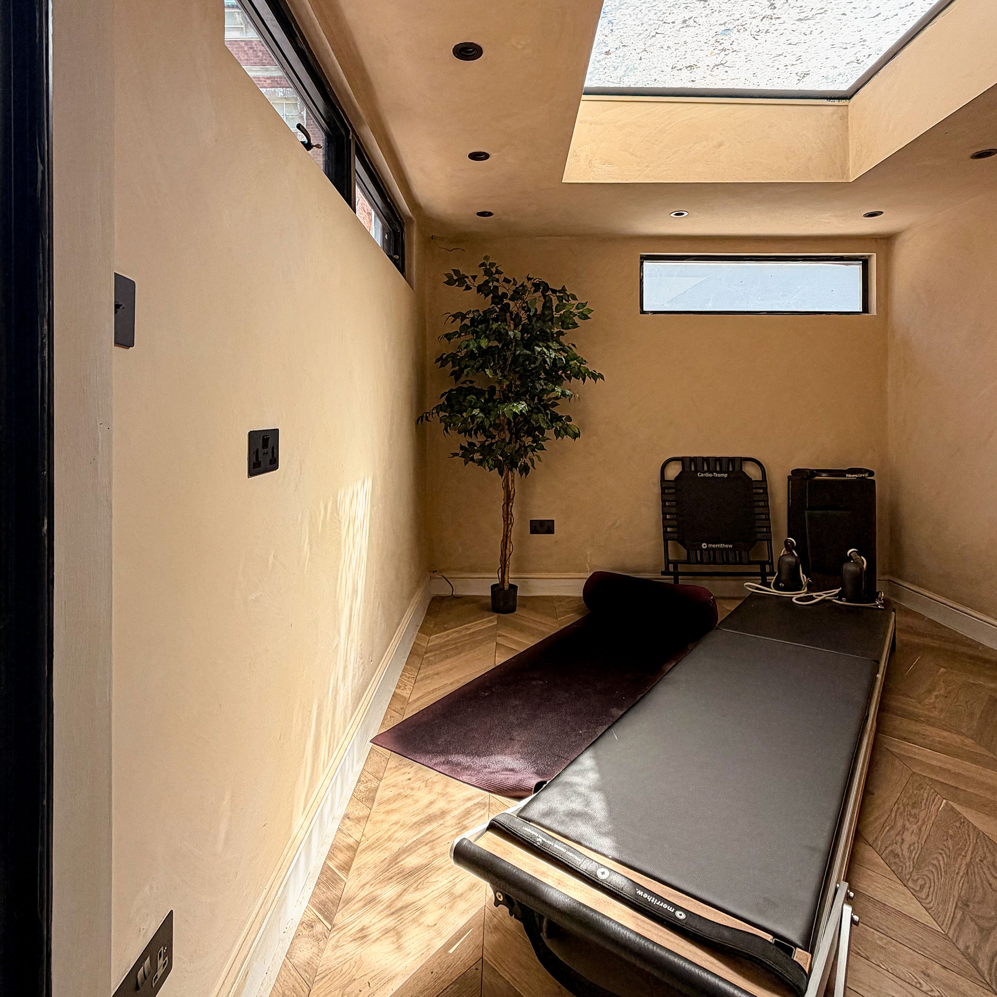 Small neutral room with roof light, parquet flooring, small tree and reformer pilates bed
