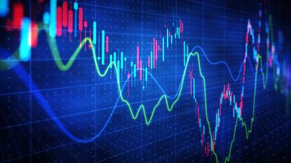 stock market bar chart with blue and green moving averages