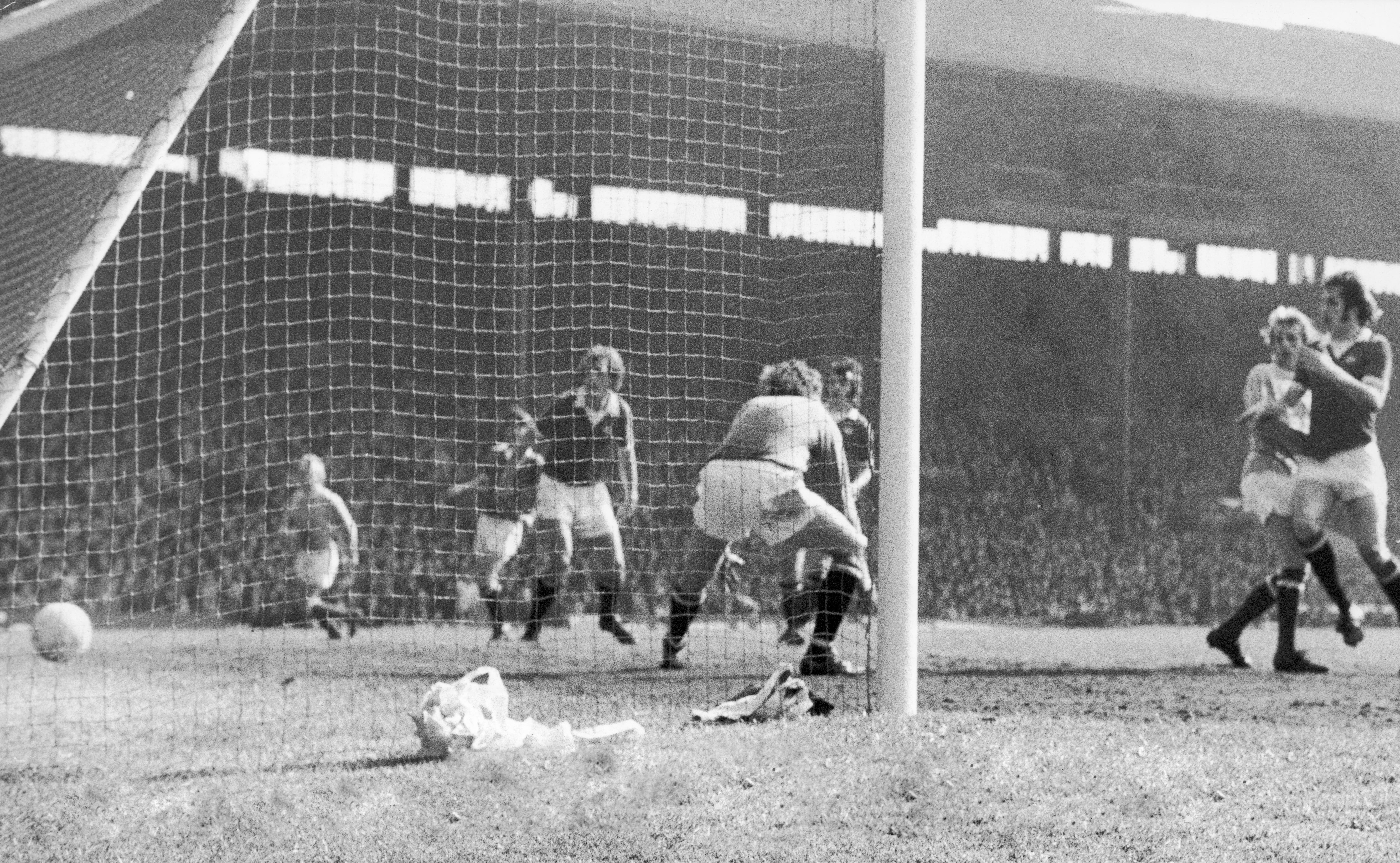 Denis Law scores for Manchester City against former club Manchester United in April 1974 as the Red Devils went on to be relegated.