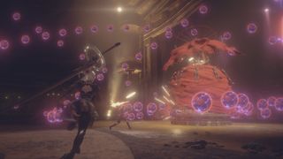 Nier Automata screenshot of a combat encounter, with purple orbs floating across the screen.