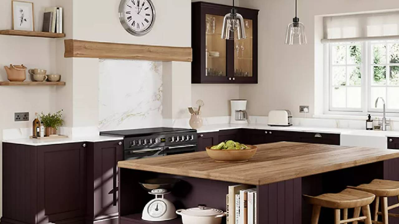 A modern, burgundy kitchen from B&Q.