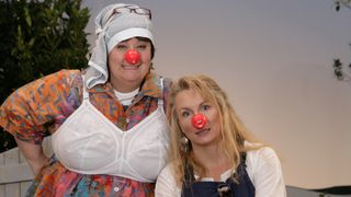 Dawn French and Jennifer Saunders, on the set of Comic Relief's 'Mamma Mia' sketch for Red Nose Day 2009, on 26 February, 2009 in London.