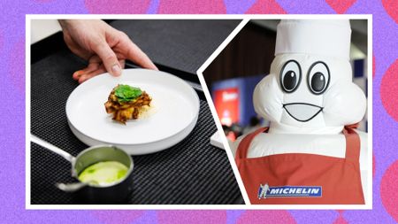 A plate of food at a michelin starred restaurant spliced with an image of The Michelin mascot, Bibendum, posing at the launch of the Michelin guide Tokyo Yokohama Kamakura in 2011