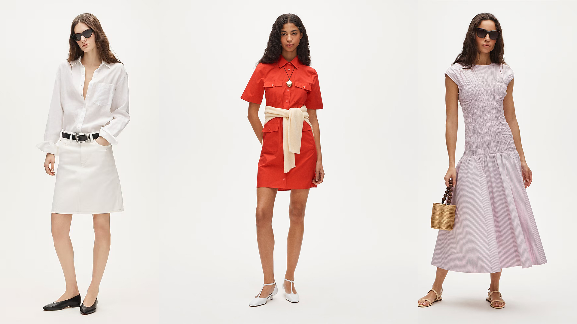 Models wear J.Crew. One model wears a white button-down top and a white skirt. One model wears a red utility shirt dress with a sweater around her waist. One girl wears a drop-waist smocked dress.