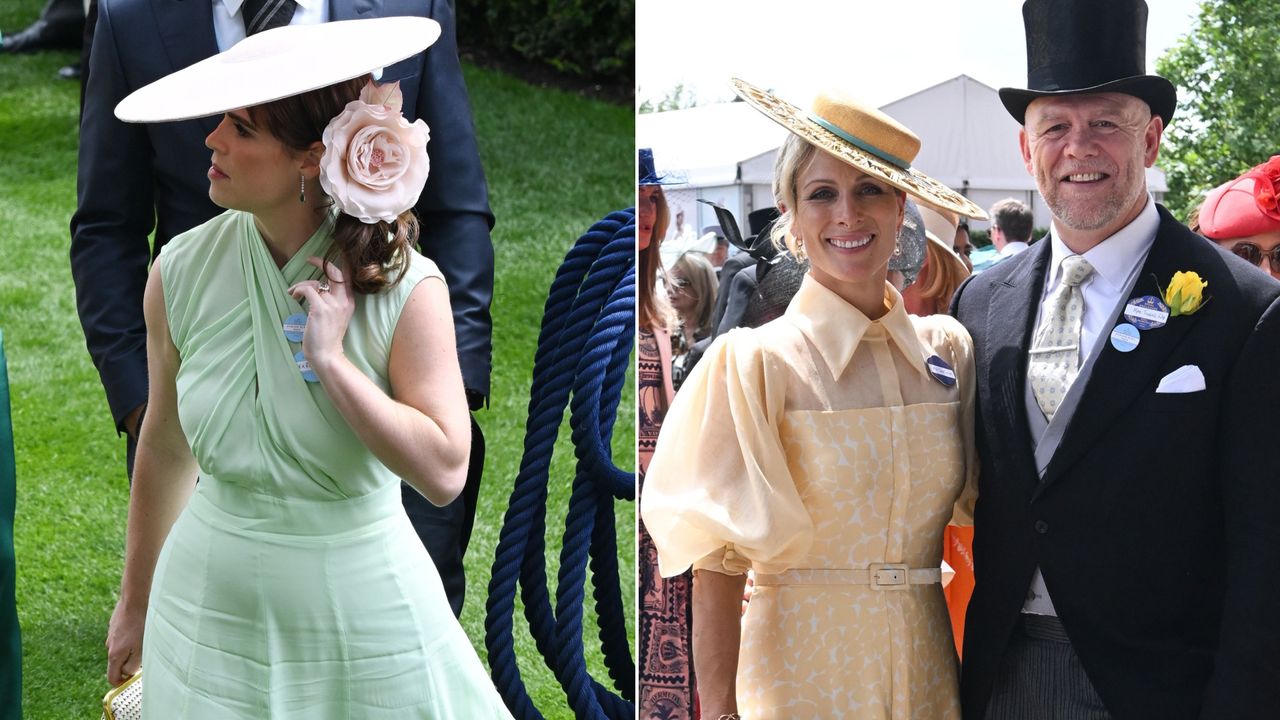 a collage of Princess Eugenie and Zara Tindall attending the 2024 royal ascot in England on June 18