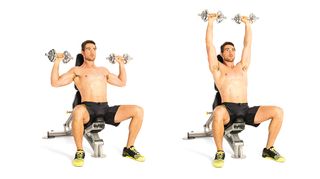Man demonstrates two positions of the seated dumbbell shoulder press