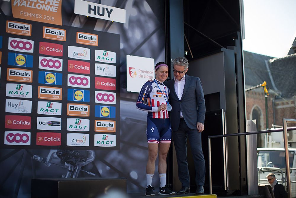 Megan Guarnier (USA) of Boels-Dolmans Cycling Team stands on the podium of the Fl&egrave;che Wallonne Femmes