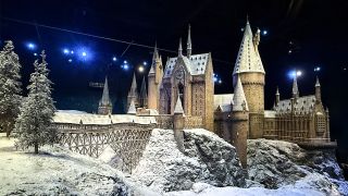 The backside of the model of Hogwarts, covered in snow, at the end of the Harry Potter Studio Tour