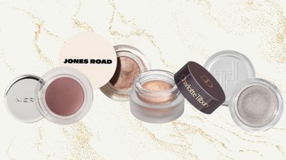 Collage of four of the best cream eyeshadows from (left to right) MERIT, Jones Road, Charlotte Tilbury and Trinny London, set against a cream and gold marble effect background