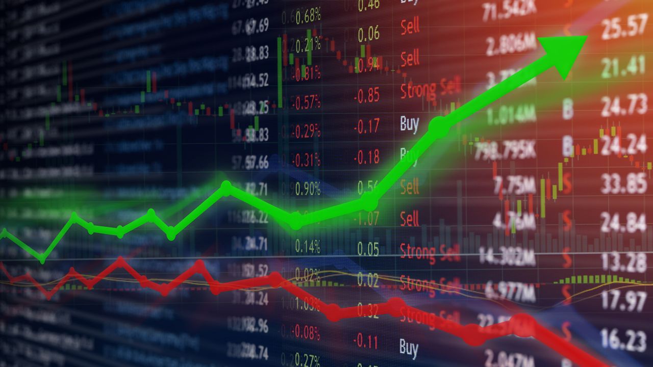 Stock market chart with a green arrow rising