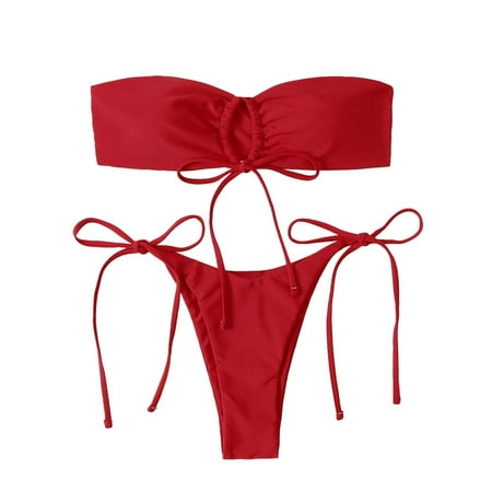 Makaor Bathing Suit for Women 2 Piece Bikini Strapless Tube Top Bandeau With Chest Pad Without Underwire Tankini Bathing Suits Plus Size Swimsuit for Women High Waisted Bikini 40-Red L