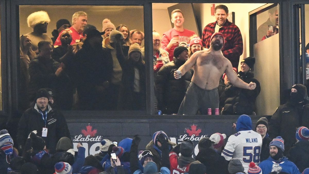 Jason Kelce #62 of the Philadelphia Eagles celebrates after the Kansas City Chiefs score a touchdown during the first half of the AFC Divisional Playoff game against the Buffalo Bills at Highmark Stadium on January 21, 2024 in Orchard Park, New York. 