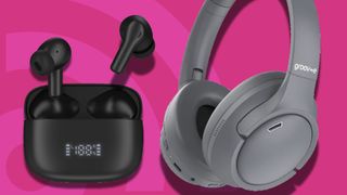 Groov-e Ultra Buds and Groov-e Harmony over-ear headphones on pink, TR background