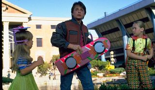 Back To The Future Part II Marty takes a hoverboard from a kid