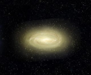 This artist’s concept shows what the young, ‘dead,’ disk galaxy MACS 2129-1 (right) would look like.
