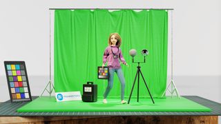 Framestore Barbie VFX; a doll of a woman stands in front of a green screen
