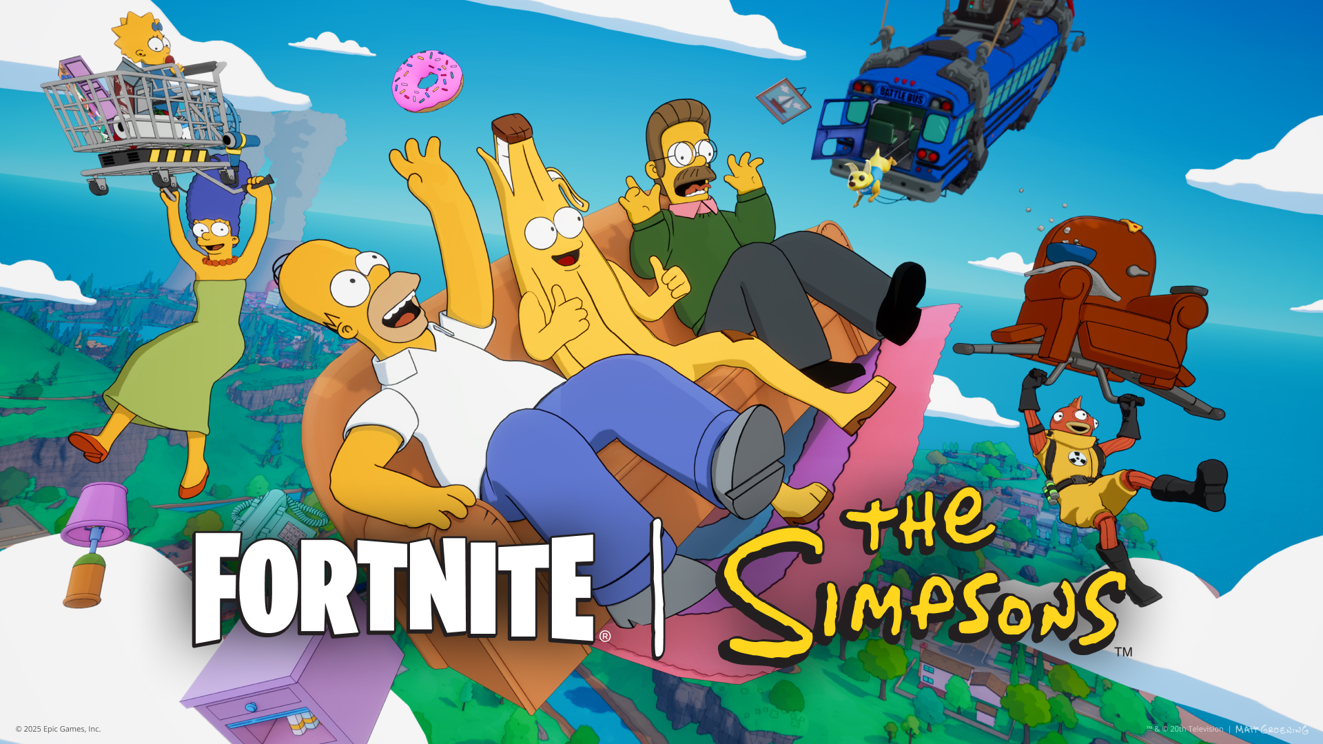 Fortnite Simpsons collab showing The Simpsons on a couch