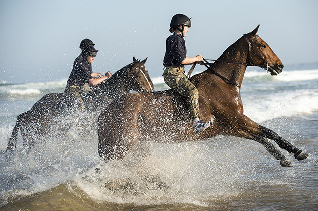 ARMY PHOTOGRAPHIC COMPETITION 2015 Cat. 4 - Professional Sport - Winner 'Surf's Up' - Sgt Rupert FRERE RLC SADDLES OFF FOR CEREMONIAL SEA HORSES ON WATERGATE BAY The King's Troop Royal Horse Artillery has left the noise and confines of London for equestrian and military training in the rural West Country. Enjoying the best of the Indian Summer in Cornwall, twelve horses and riders from Centre Section left their temporary stables in RAF St Mawgan just after dawn this morning to take to the surf on Watergate Bay Beach. The freedom and bracing sea breezes are a world away from the unit's high-profile day to day ceremonial activities in the busy capital. The visit to Cornwall is a vital military and equestrian training exercise which is impossible to deliver in the confines of a London-based barracks. Beach work in particular may look like fun; but it is an essential part of the never-ending work to build trust and confidence between horse and rider. Not all horses have seen the sea before, or have the confidence to go into the churning surf, and the waves at Watergate Bay are particularly powerful. Even a confident horse can be spooked when the sand beneath their hooves starts to shift and sink. But by trusting their rider and overcoming their fears, the bond between horse and rider is made stronger, and this then becomes vital for dealing with the unpredictable during high-profile ceremonial duties back in London. Photographer: Sergeant Rupert Frere RLC