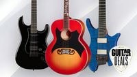 3 guitars side-by-side on a grey background