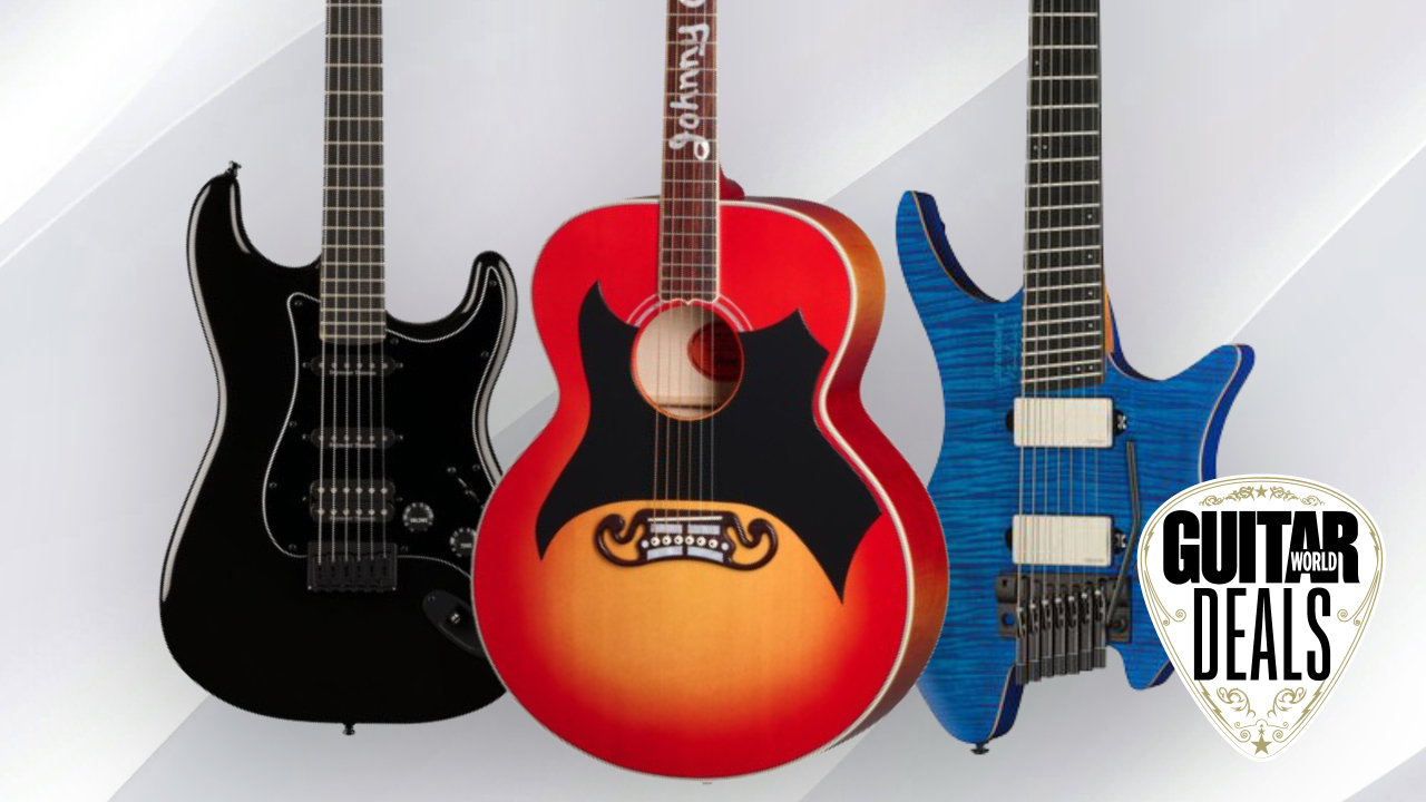 3 guitars side-by-side on a grey background