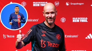 Erik ten Hag Manchester United head coach smiles during a press conference at The Pingry School on July 21, 2023 in Martinsville, New Jersey.