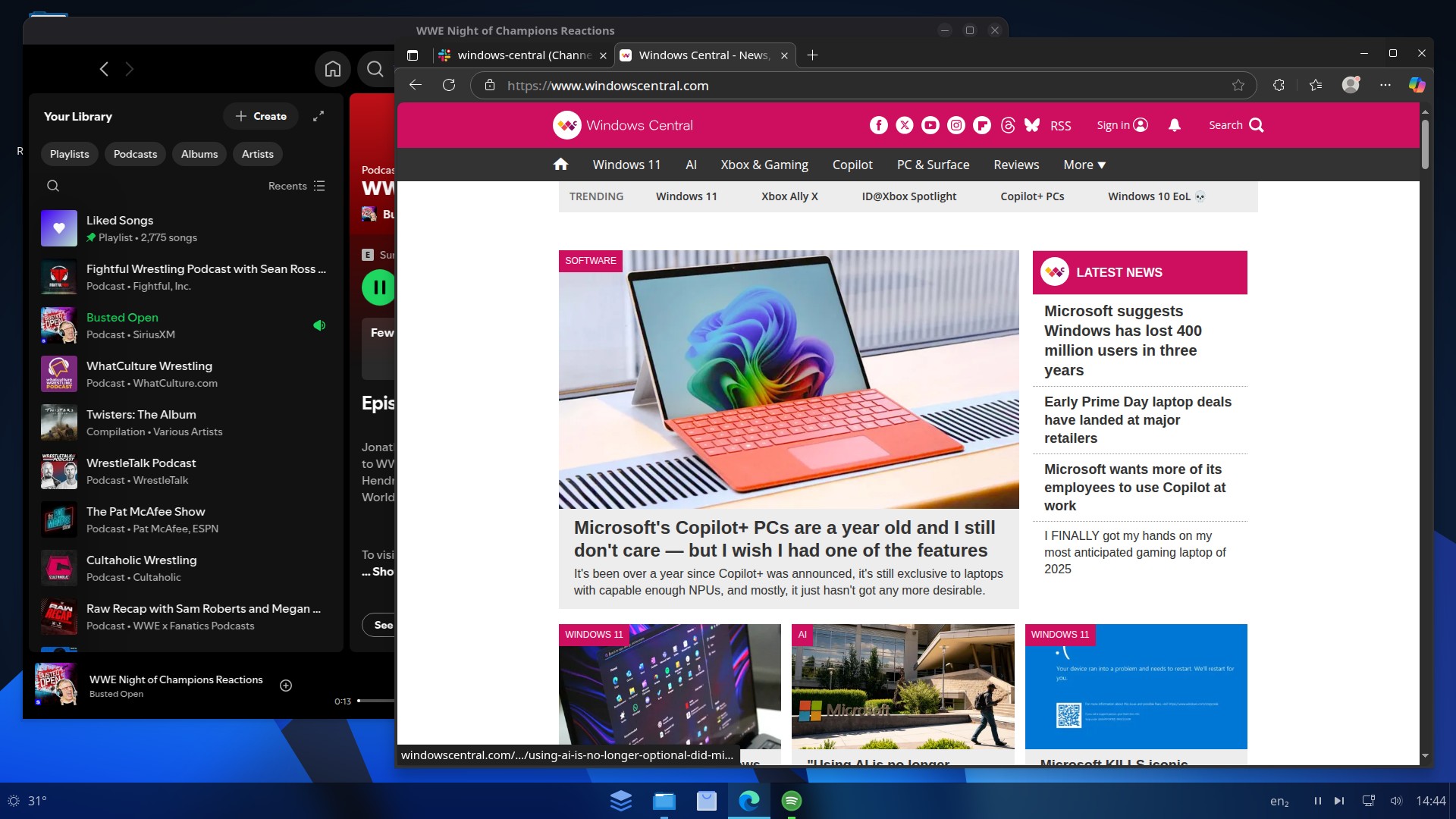 Microsoft Edge and Spotify open on the AnduinOS desktop.