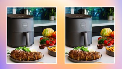 Cosori Pro LE air fryer repeated on ombre graphic background
