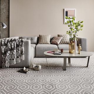 beige patterned geometric carpet with sofa and coffee table