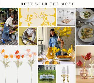 A collage of pictures showing spring-themed tablescapes and homeware.