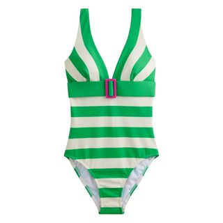 Resin Buckle V-neck Swimsuit Green/Ivory Stripe