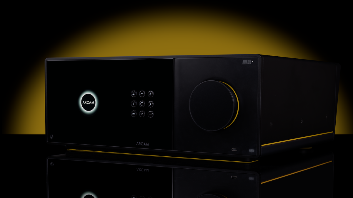 The Arcam AVA35 amplifier, pictured against a black background.