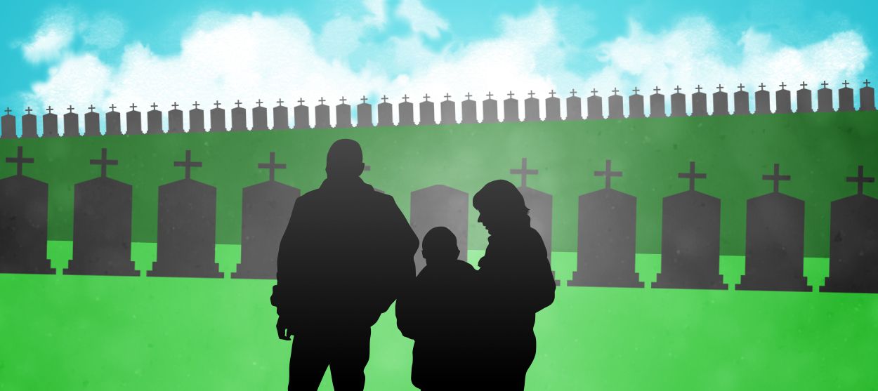 A family at a graveyard.