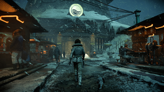Kay walking through a snowy settlement in Star Wars Outlaws.